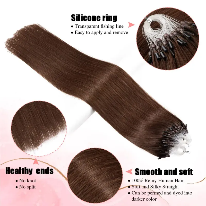 Mittelbraune, glatte Micro-Loop-Haarverlängerung mit Stockspitze, weich und seidig, 50 g, 40,6–66 cm, für Frauen, Farbe 4 2_voghion.com