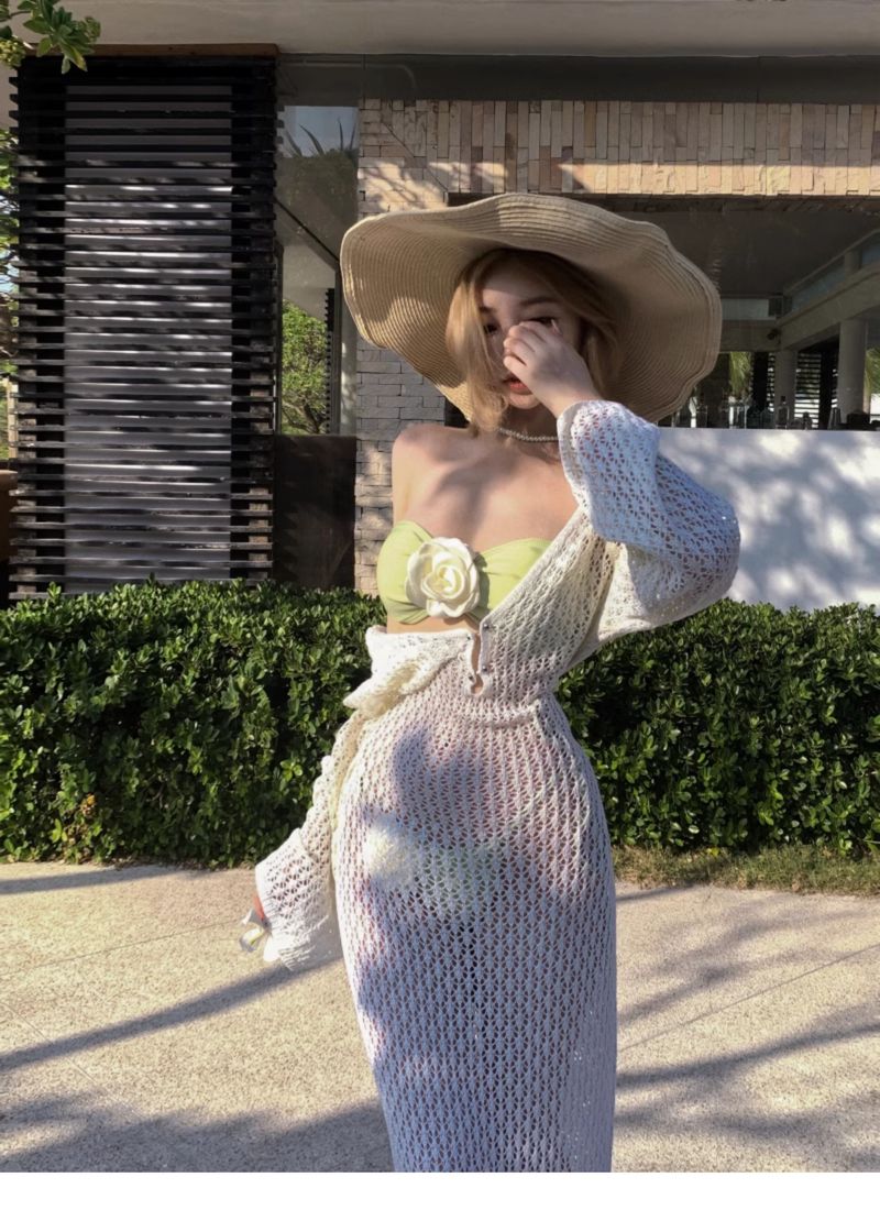 Maillot de bain à fleurs de curcuma de même style, jupe longue en tricot rose, vacances en bikini sexy, trempage dans les sources chaudes_voghion.com