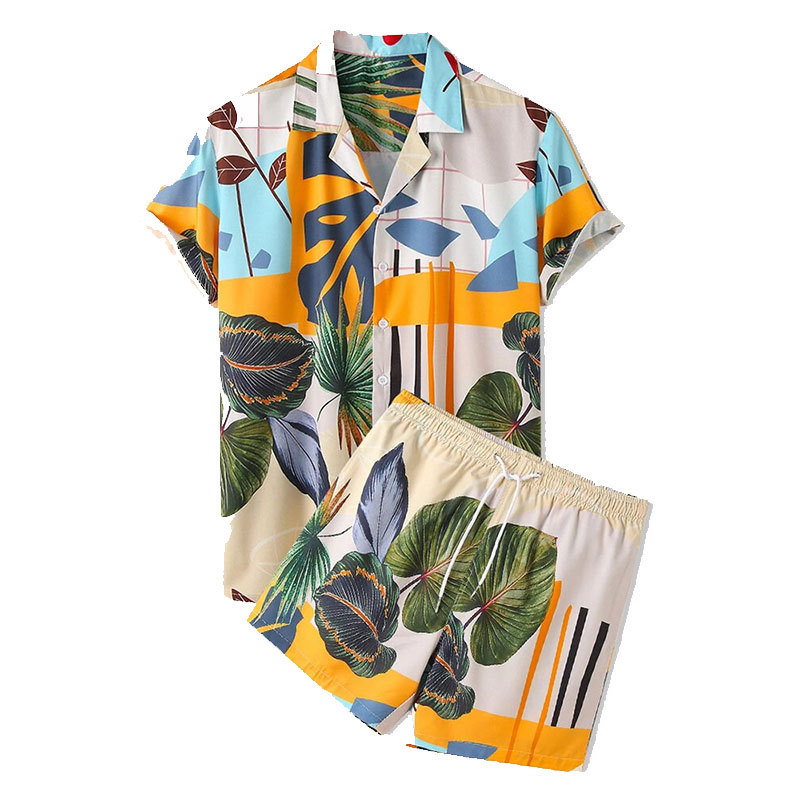 Set im Hawaii-Stil, lässiges, lockeres Strand-Outfit für Herren, kurzärmlige Shorts mit Blattmuster, zweiteiliges Set_voghion.com