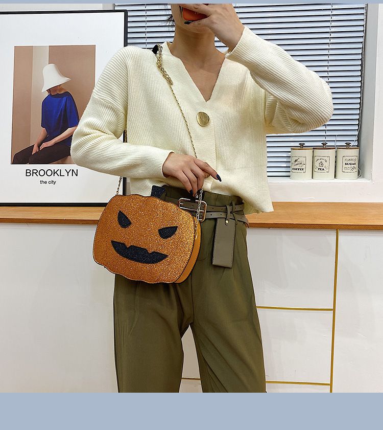 Borsa a tracolla con zucca glitterata a tema Halloween per donna - Borsa a tracolla in PU riflettente retrò con tasche con cerniera, accessorio alla moda e divertente_voghion.com