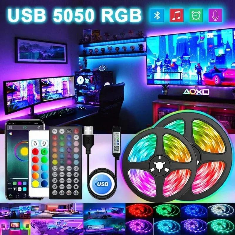 Tira de luces LED USB con control por aplicación que cambia de color, luz LED RGB 5050, cinta flexible para decoración de habitaciones, diodo de retroiluminación de TV_voghion.com