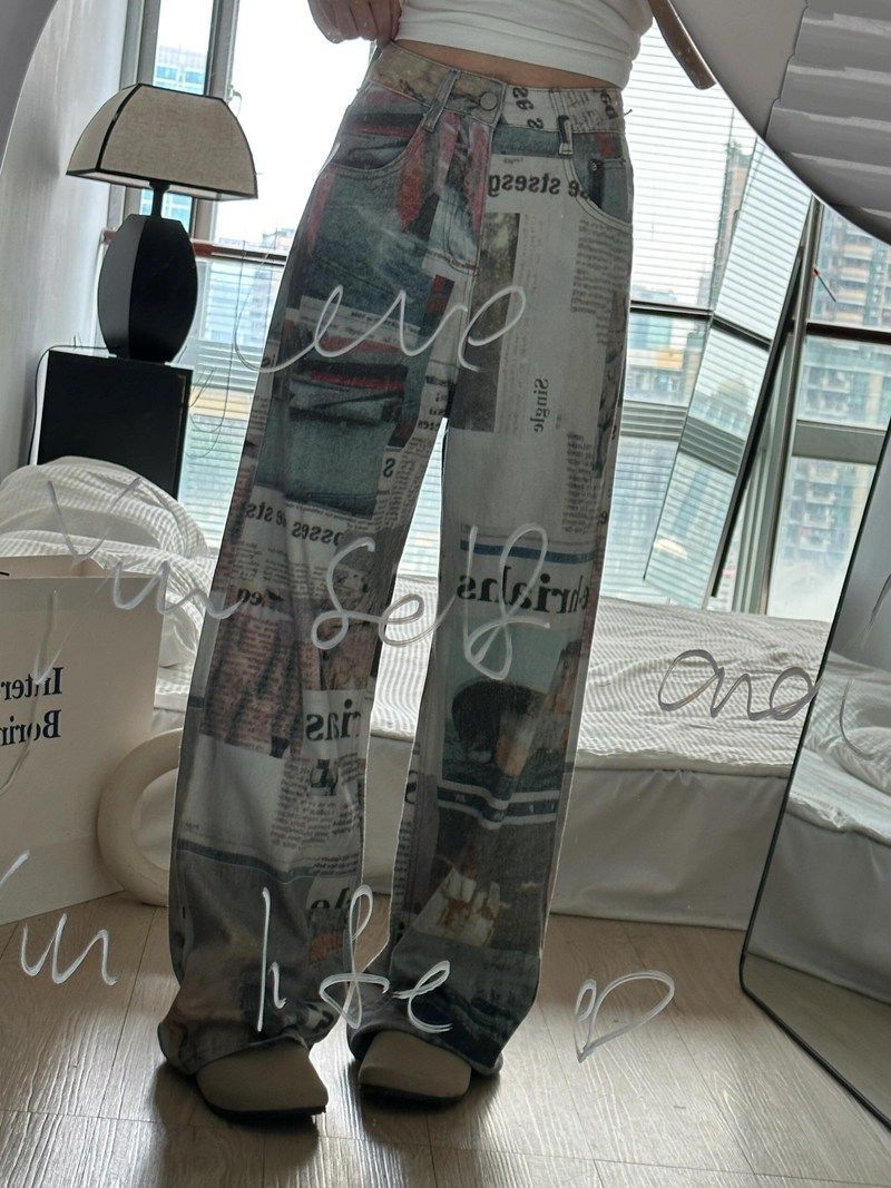 Plus Size American Street Style Bedruckte Zeitungsjeans für Damen, Sommer, hohe Taille, schlankmachend, gerade, locker, weites Bein_voghion.com