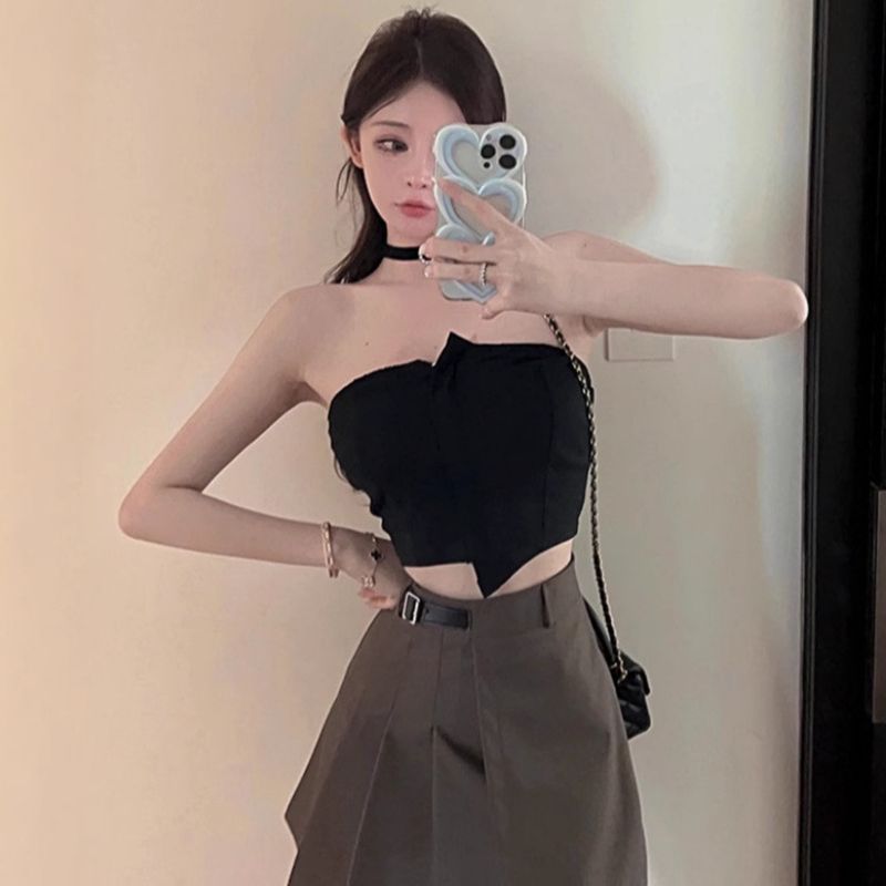 Mädchen Kurze Unregelmäßige Design Brust Wrap Weste Für Frauen Frühling Sommer Nische Plaid Tube Süße Und Würzige Top_voghion.com