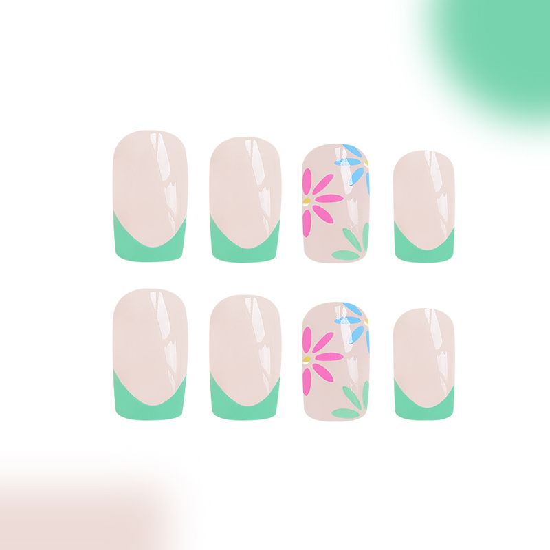 Unghie corte francesi con un viso luminoso e fiori multicolori, semplici e fresche, moda europea e americana, pezzo per unghie, commercio estero, ins24 pezzi_voghion.com