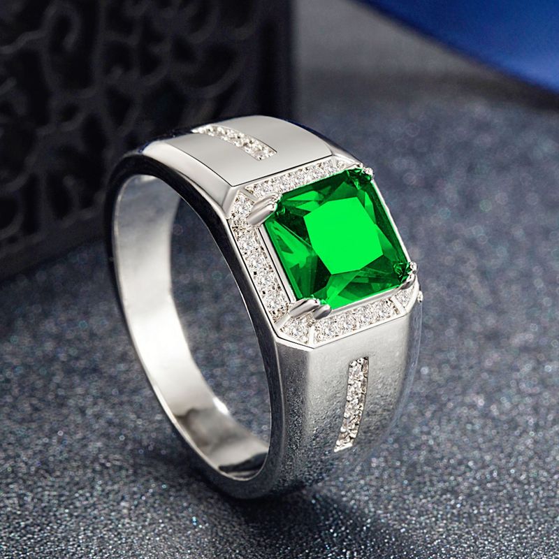 Smaragdschliff Grüner Tsavorit Plattiert Herrenmode Persönlichkeit Diamant Ehering_voghion.com