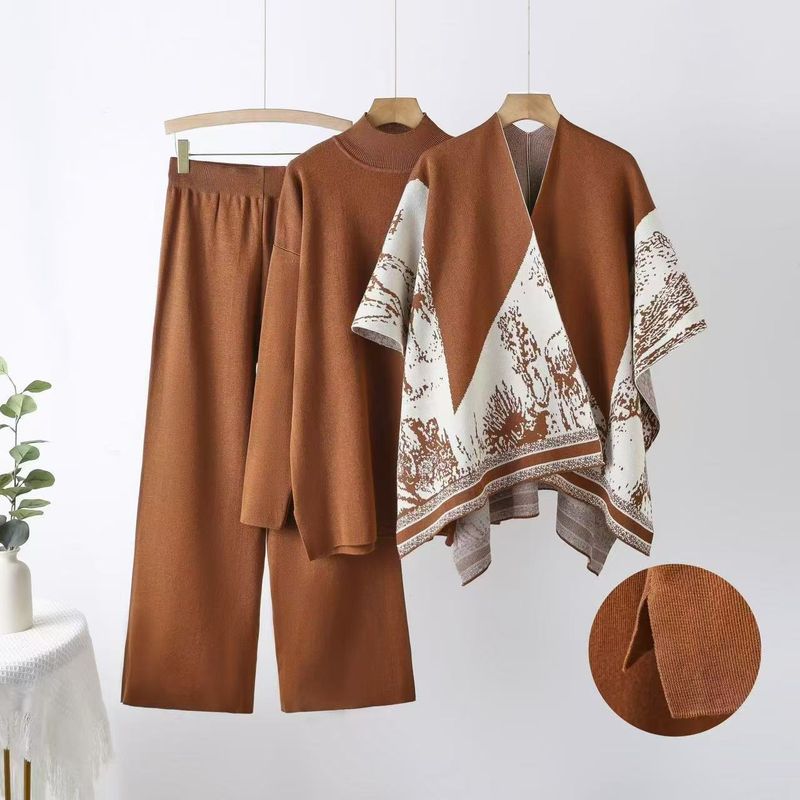 Fashion 3-Piece Set: Shawl Cardigan + Oversized Sweater + Wide Leg Pants – Elegant Office & Casual Outfit, Wrinkle-Free Polyester, Plus Size Friendly_voghion.com