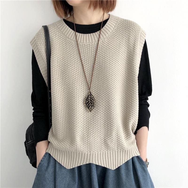 K Women's Knitted Vest; Pure Color, Loose, Round Neck, Irregular Pullover Short Cardigan._voghion.com