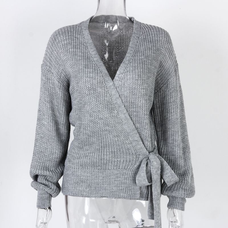 Maglione lavorato a maglia con nodo e scollo a V casual autunno inverno Abbigliamento da donna_voghion.com