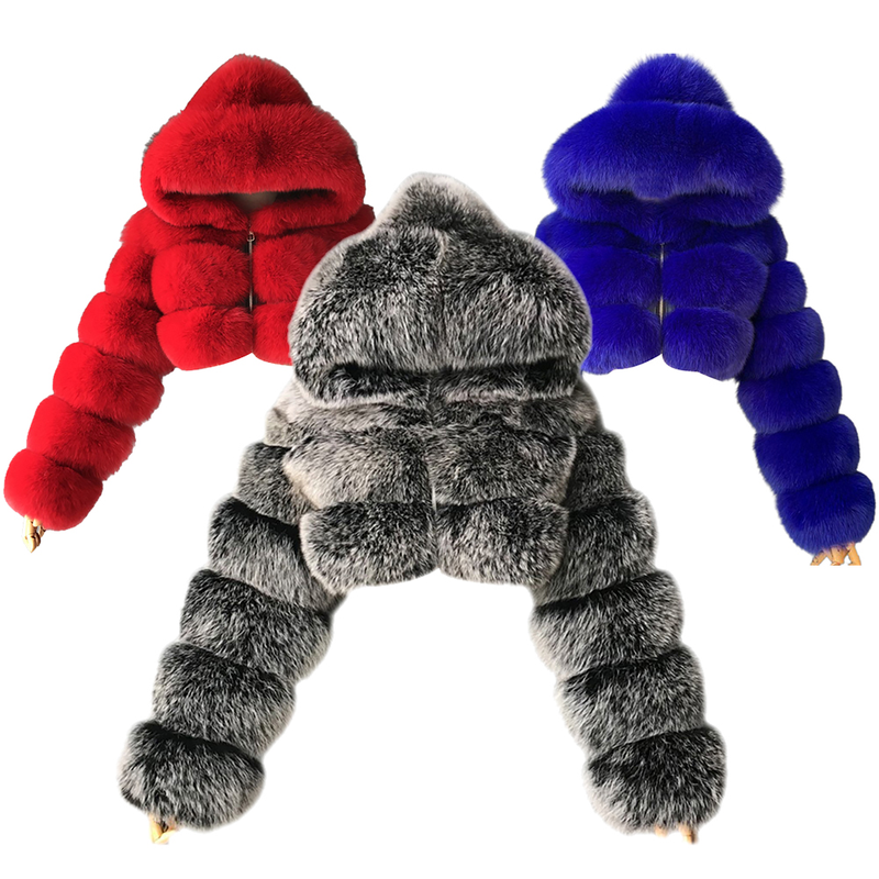 Lös tjock päls Plyschjacka Kvinnor Flickor Mode Vinter Fuskpäls Beskuren kappa Fluffig Zip Huva Varm Kort jacka_voghion.com