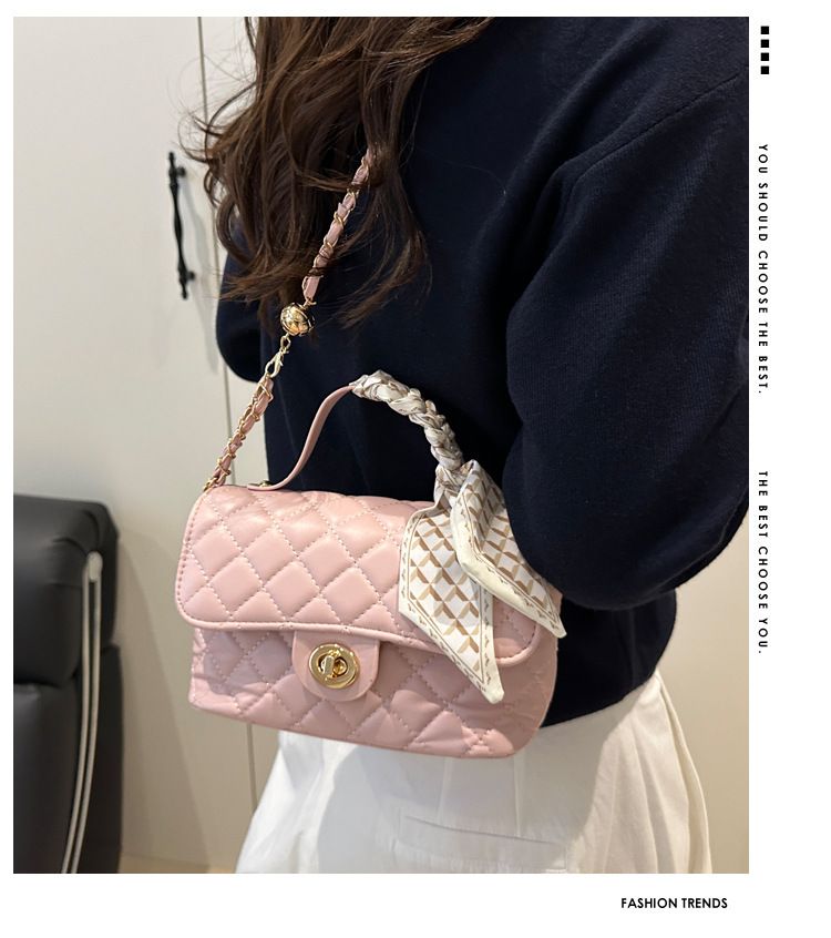 Women's Fashion Shoulder Bag With Quilted Design, Chain Strap & Scarf Detail - Soft PU Crossbody Purse For Daily Commute & Casual Outings_voghion.com