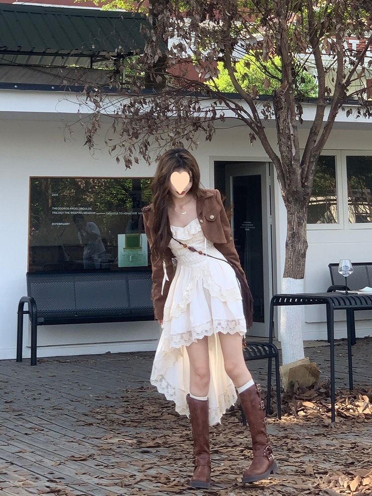 Vintage Autumn Winter Melad Design Lace-up Short Jacket Waist-cinching Irregular Dress Set_voghion.com