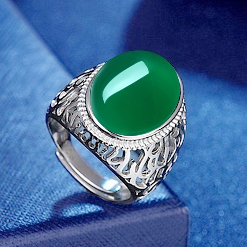 New Elegant And Bold Jade Temperamental Green Agate Adjustable Ring, Chalcedony Hollow Ring_voghion.com