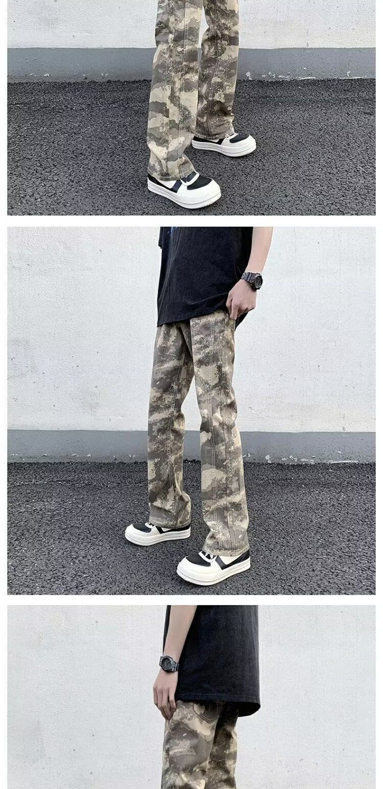 Calça jeans masculina streetwear camuflada - Calça reta de corte folgado com design urbano, tecido de poliéster confortável, estilo casual moderno._voghion.com