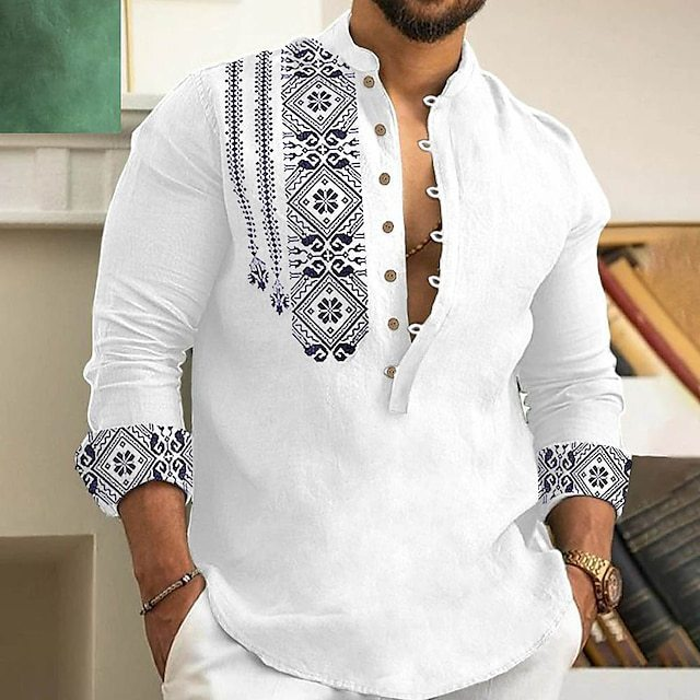 Abbigliamento da uomo Camicia da uomo stampata casual estiva con colletto a maniche lunghe in tinta unita estiva_voghion.com