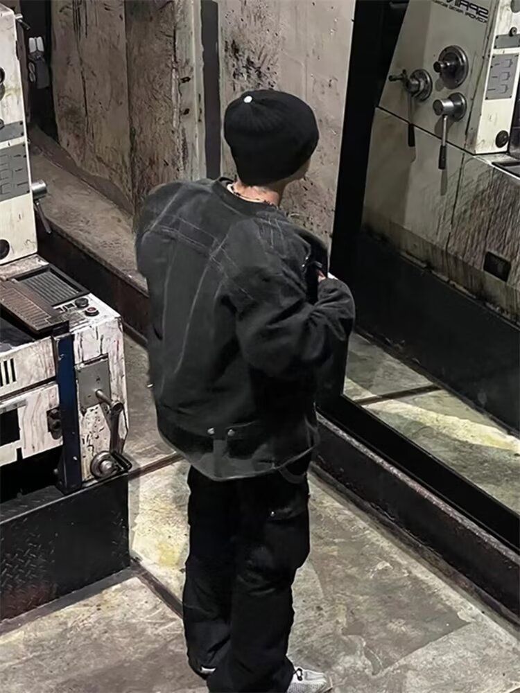 Herrenbekleidung Retro Distressed Washed Kurze Denim-Trainingsdesign-Schulterjacke_voghion.com