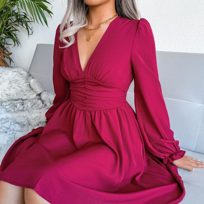 Abito da donna in chiffon plissettato con scollo a V sexy e cintura in vita, stile Ins, primavera estate_voghion.com