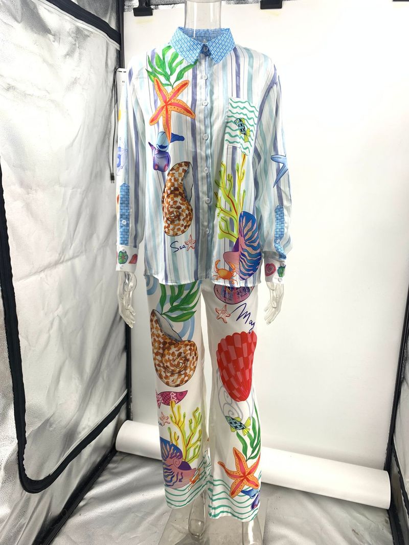 Nuovo set di due pezzi con camicia e pantaloni casual personalizzati con stampa graffiti in raso 2024_voghion.com