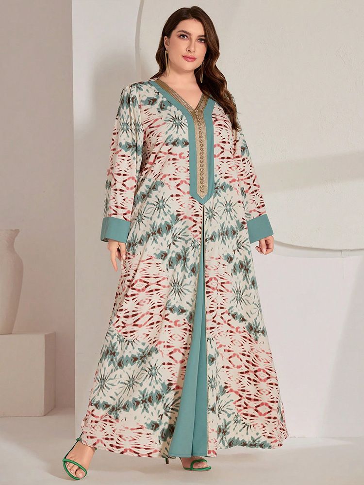 Elegantes Dubai Muslim Party Abaya Kleid mit arabischem Blumendruck – Plus Size Langarm-Maxikleid für Frauen, bequem und stilvoll_voghion.com