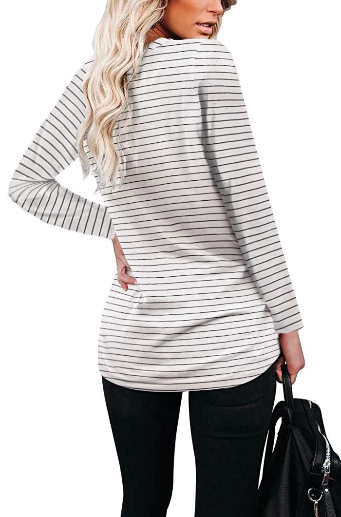 Women's T-shirt Round Neck Stripe Pocket Long Sleeve Casual Loose Tops_voghion.com