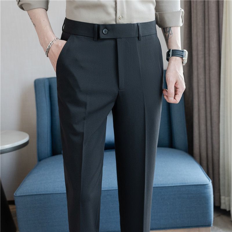 Summer new men's casual trousers, thin comfortable small straight nine-point trousers, elastic and drape on all sides, white trousers_voghion.com
