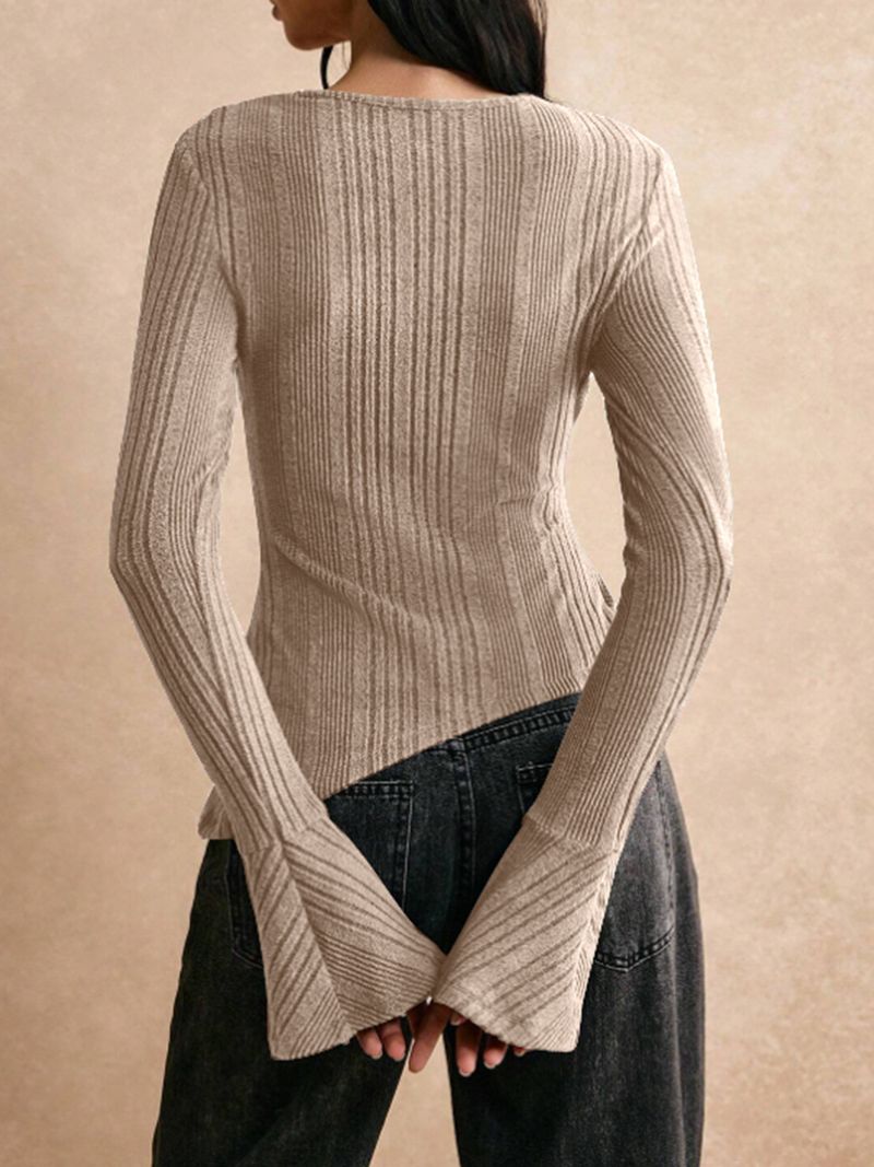 Autumn Winter New Women's Solid Color Casual Fashion Trendy Ribbed Patchwork Long Sleeve Button T-Shirt_voghion.com