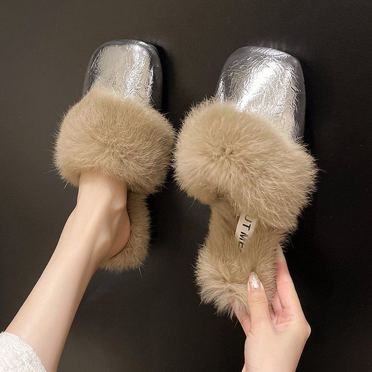 Women's Shoes Large Size Casual Flat Bottom Fur Slippers Autumn And Winter New Style Baotou Bright Leather Warm Fur Slippers_voghion.com