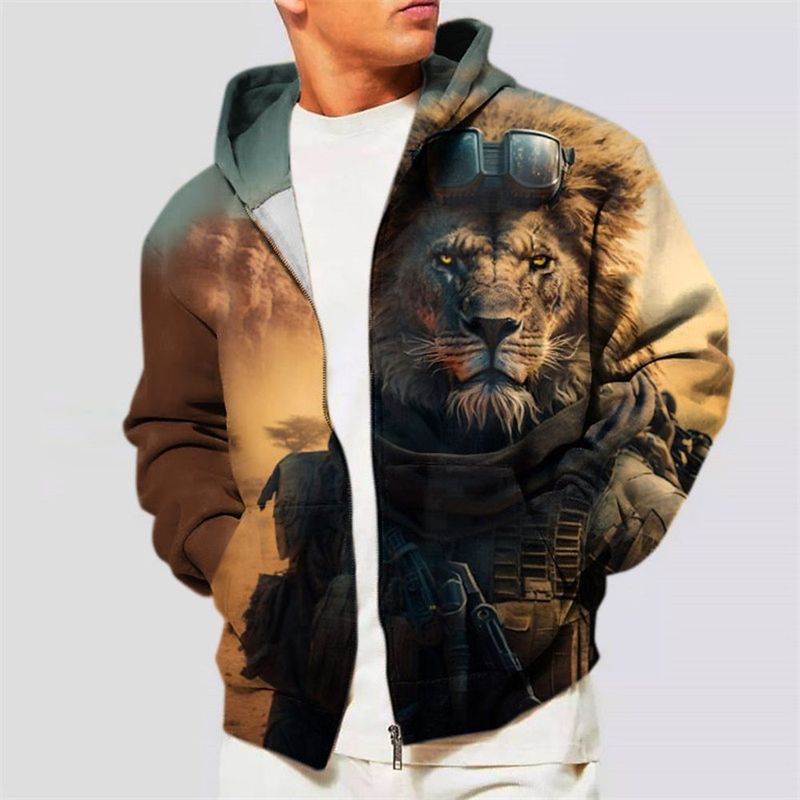 Kapuzenjacke für Herren mit durchgehendem Reißverschluss und Tier-Löwen-Muster für Outdoor-Sport, täglichen 3D-Druck, Freizeit auf der Straße_voghion.com