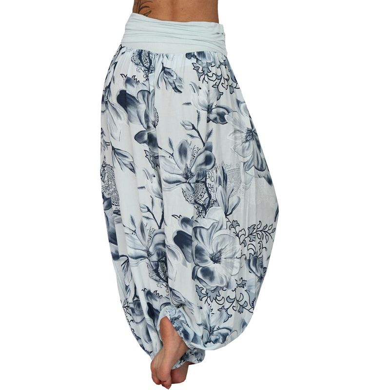 Plus Size Boho Pants, Women's Plus Floral Print Ruched Low Waist Loose Comfy Harem Pants_voghion.com