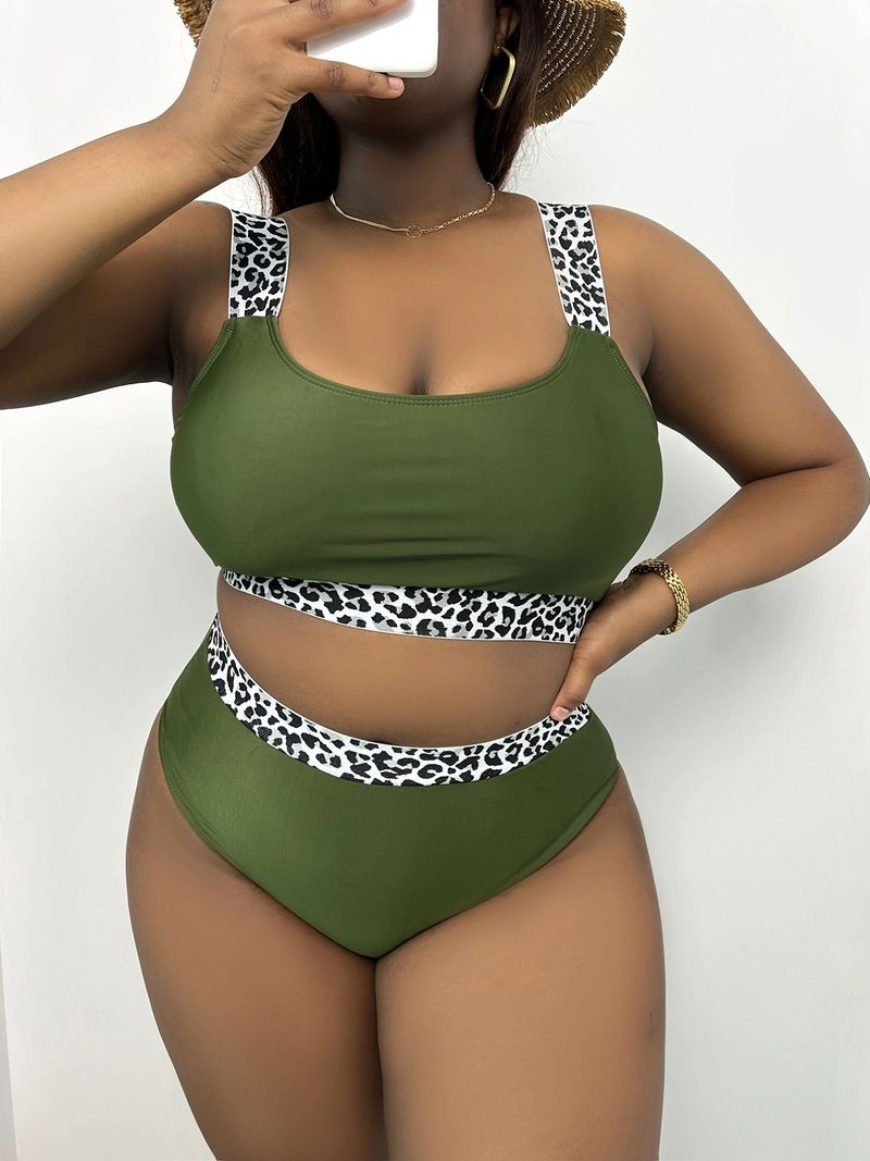 New Fat Mm Large Tank Top Solid Color Leopard Pattern Spliced High Waist Bikini DM326_voghion.com