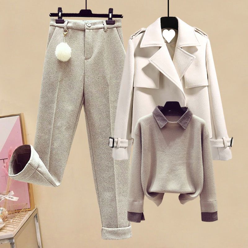 Short winter new item two-piece sweater for women+high waisted woolen pants+woolen suit jacket three piece set_voghion.com