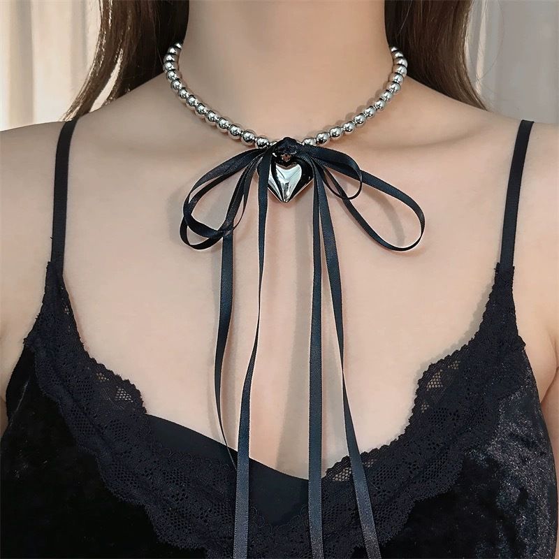 Koreaanse Dongdaemun zoete coole hart hanger lint strik kralen ketting pure verlangen stijl choker sleutelbeen ketting voor_voghion.com