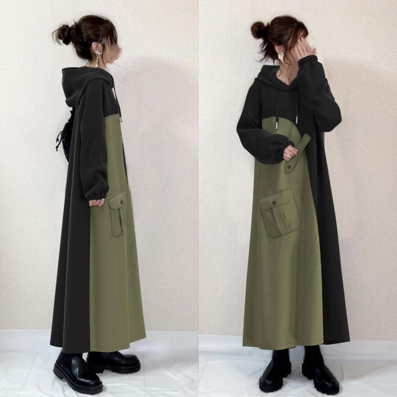 Hooded Color Block Long Sweater Dress For Women - Casual Oversized Pullover Tunic With Pockets (Black, S/M/L)_voghion.com