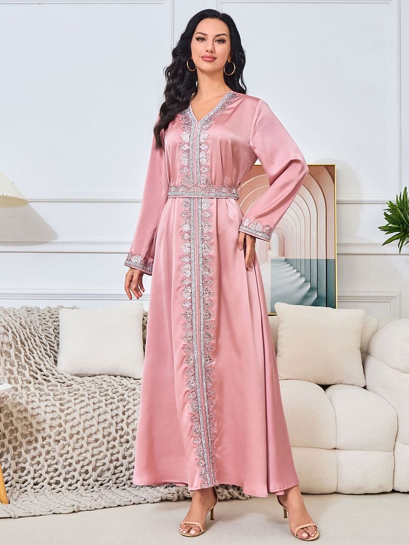 Vestido de noche musulmán Mt162 con cuello en V, color liso, para fiesta y moda, para mujer_voghion.com