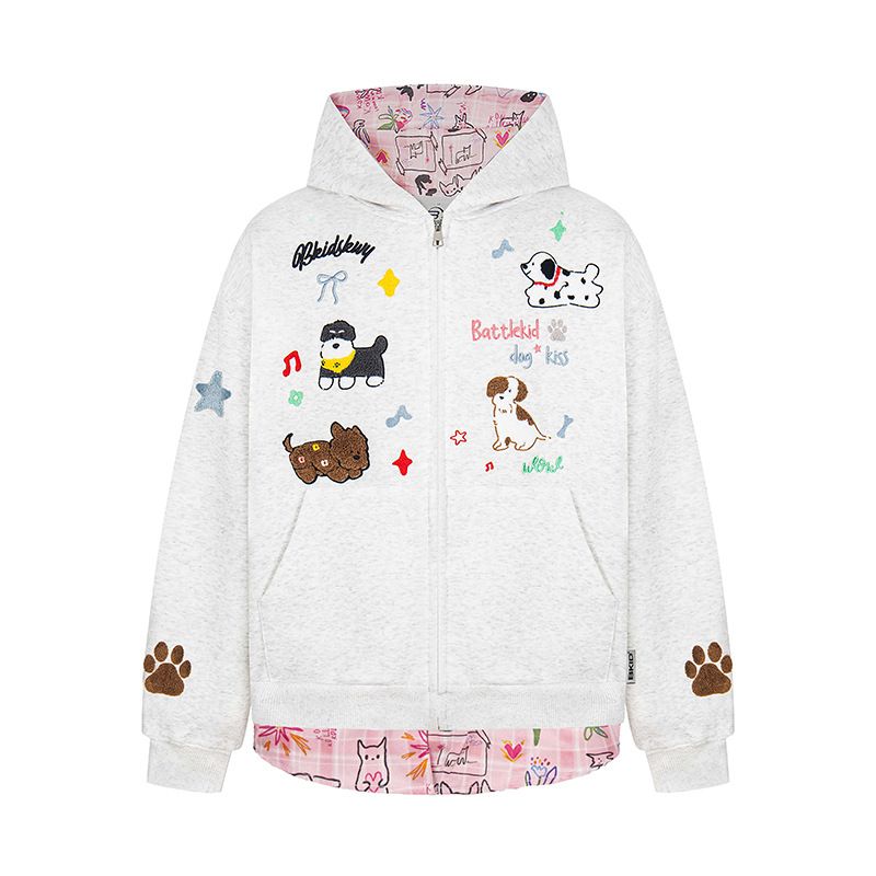 American Puppy Embroidery Patchwork Hooded Sweatshirt Cardigan For Men And Women 2025 Autumn Lazy Style Zipper Jacket_voghion.com