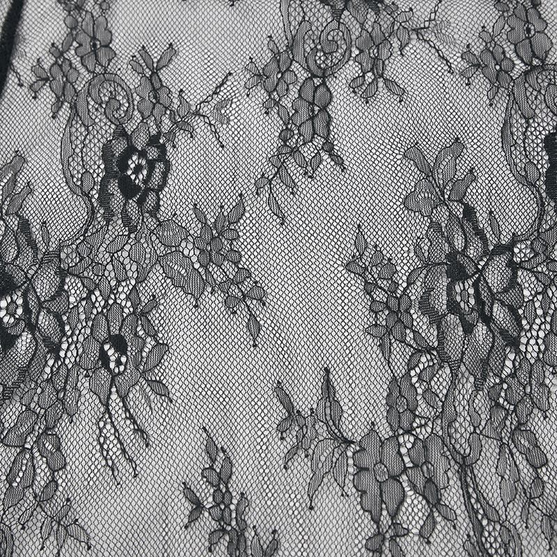 Damenbekleidung Sexy schwarzes durchsichtiges Kleid mit Spitze, Rundhalsausschnitt, langen Ärmeln und Schlitz, asymmetrisches Kleid, langes Kleid für den Sommer_voghion.com