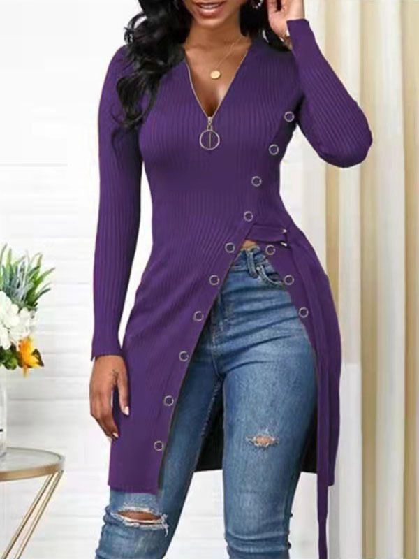 Maglietta a maniche lunghe con scollo a V e cerniera a coste, spacco alto, autunno inverno 2025 da donna_voghion.com