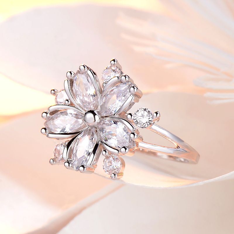 Moda Romantica ed Elegante Anello di Nozze in Zircone a Forma di Fiore di Ciliegio Squisito Gioielli da Donna in Argento_voghion.com
