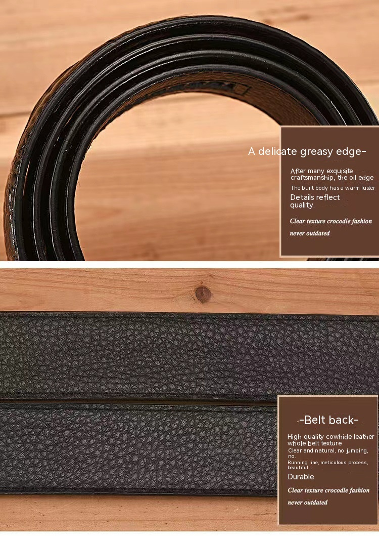 Piper Men's New Belt Without Head, Cowhide Crocodile Pattern Belt with Smooth Buckle and Perforated Pure Belt_voghion.com