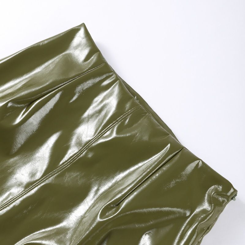 Hochglänzendes PU-Lederjacken- und Rockset, Stehkragen-Biker-Outfit mit Reißverschluss, Streetwear-Zweiteiler (Rot/Grün/Braun, S/M/L)_voghion.com