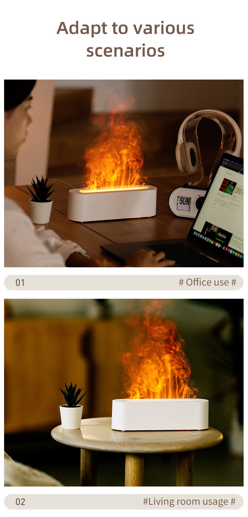 USB-betriebener, flammenloser Aromadiffusor – 7-farbiger LED-Flammeneffekt, einstellbare Nebelmenge und Timer, extrem leise für Zuhause, Büro und Spa_voghion.com