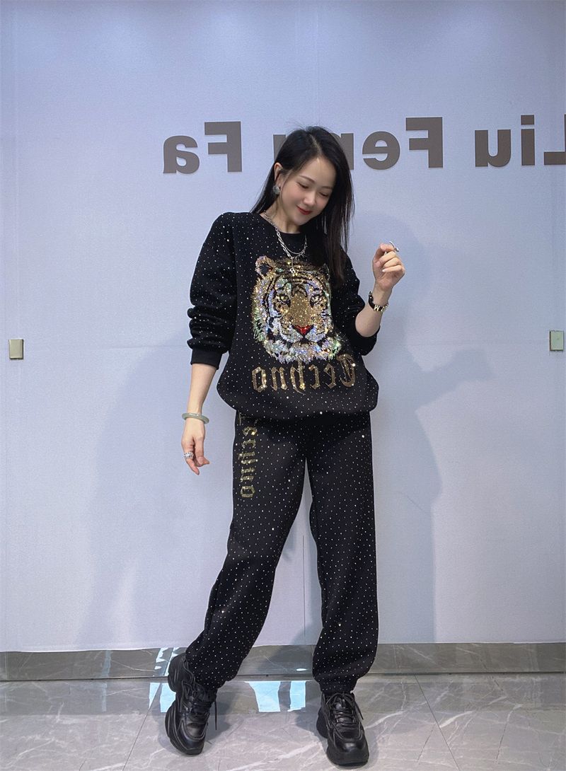 Conjunto deportivo con cabeza de tigre para mujer: sudadera de manga larga y pantalón de chándal, conjunto holgado de dos piezas de algodón con detalles de pedrería._voghion.com