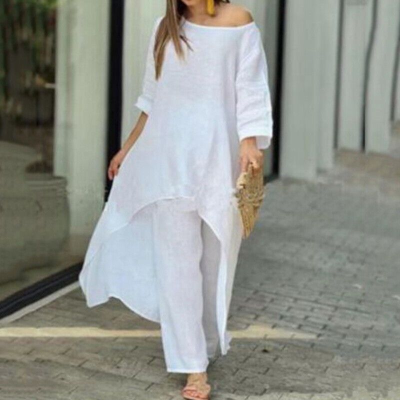 Vêtements pour femmes en coton et lin mode décontracté grande taille costume irrégulier à manches longues pantalon large costume deux pièces_voghion.com