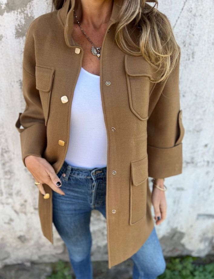 Damenbekleidung Damenmode Stehkragen Neun-Punkt-Ärmel Multi-Pocket-Doppelseitiger Wollmantel_voghion.com