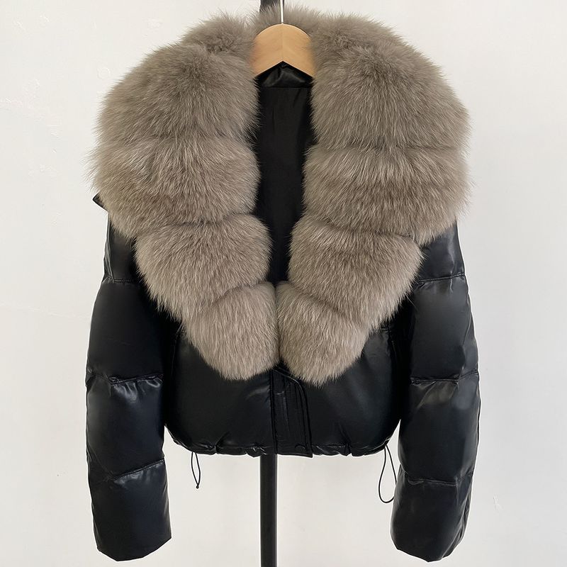 Women's Short Puffer Jacket With Detachable Fox Fur Collar, Loose Fit, Warm Winter Coat, Slimming Design, Fashionable Outerwear_voghion.com