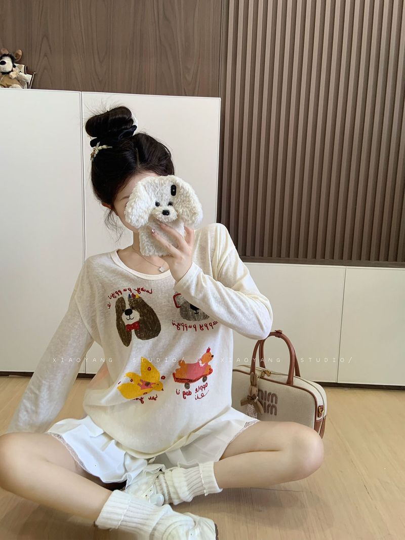 Apricot Cartoon Print Design, Long Sleeved T-shirt, Women's Early Autumn Lazy Style, Loose And Casual Interior, Round_voghion.com