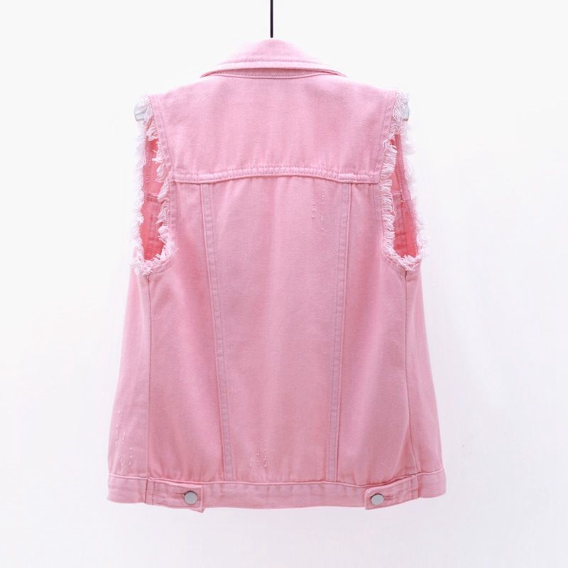 Ropa de mujer Chaleco vaquero multicolor Chaqueta corta ajustada sin mangas para mujer Cárdigan superior roto_voghion.com