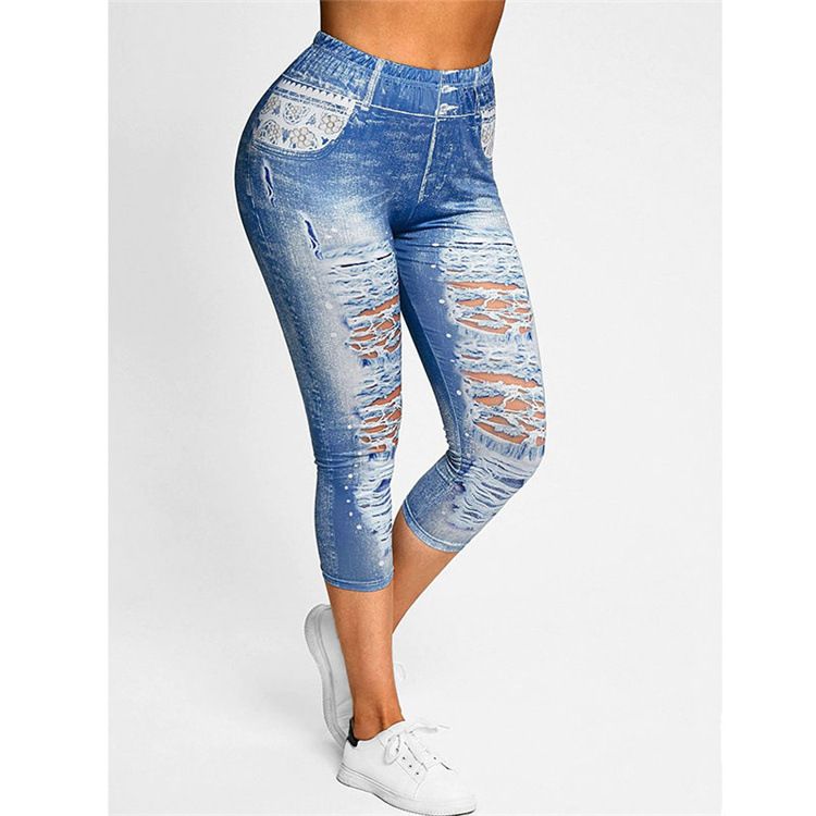 New Imitation Denim High Waist High Elastic Fitness Training Running Yoga Pants_voghion.com