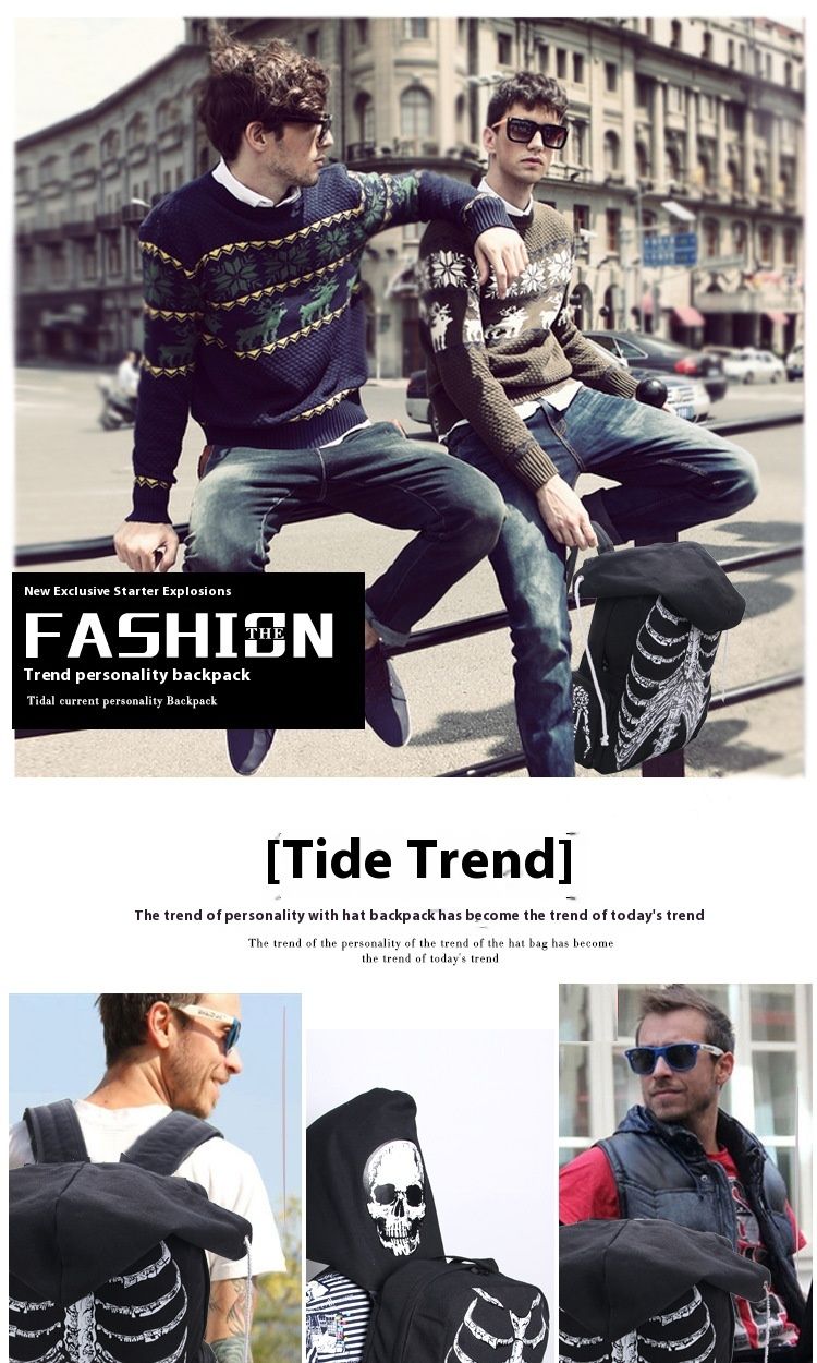 New Canvas Bag Halloween Funny Skull Backpack Hooded Personalized Printed Backpack_voghion.com