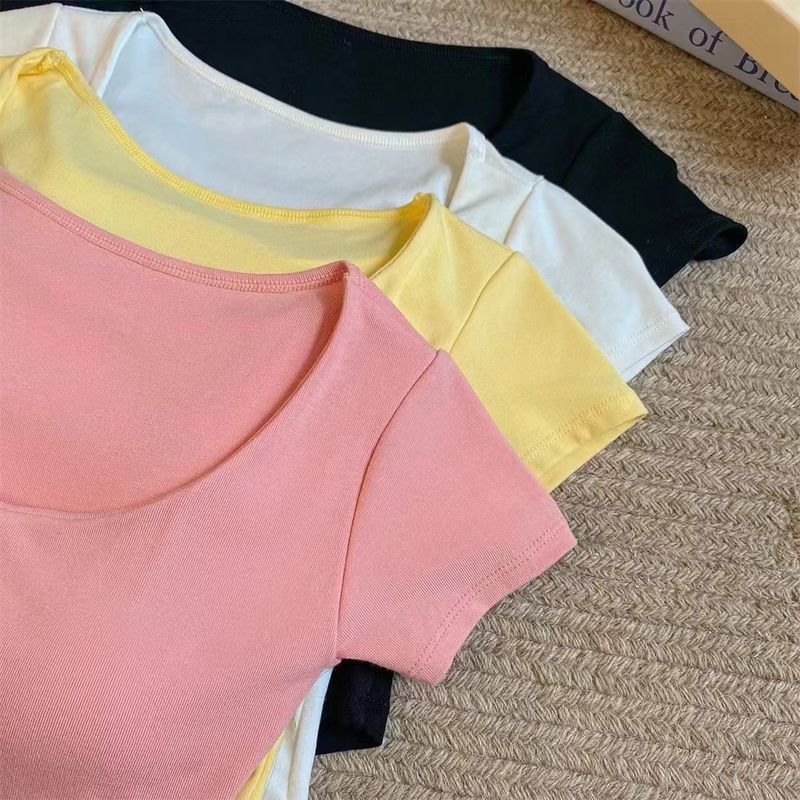 Intimo da donna in cotone a maniche corte, stile semplice con imbottitura sul petto, maglietta corta a maniche corte da ragazza calda, top estivi versatili di nicchia_voghion.com