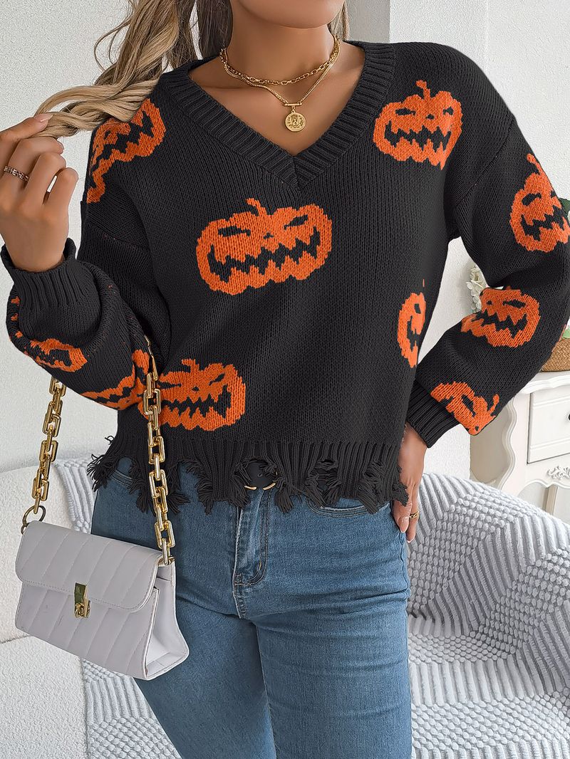 Autumn Winter Halloween Color-Block Pumpkin Cut Long Sleeve Pullover Sweater Women's Fashion_voghion.com